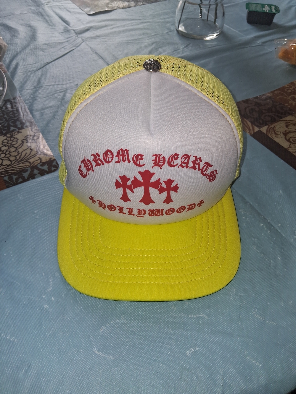 Chrome Hearts Yellow & White Trucker Hat with Red Logo